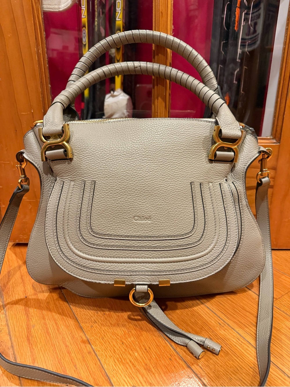 Chloe Marcie Medium Satchel Cashmere Grey Leather Gold Hardware Crossbody